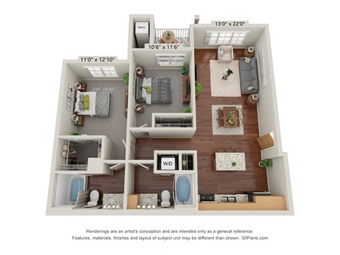Crossroad Commons_2 Bedroom C_3D Floor Plan at Crossroad Commons, Manor, TX